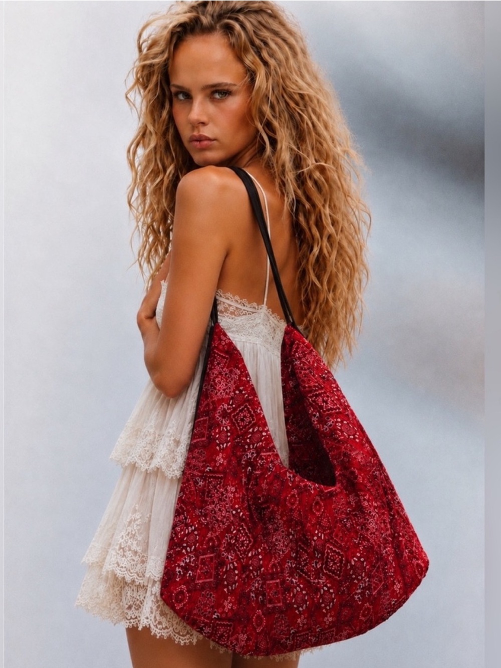 Zara NWT Red Bandana Paisley Printed Fabric Tote Bag Slouchy Hobo Shopper